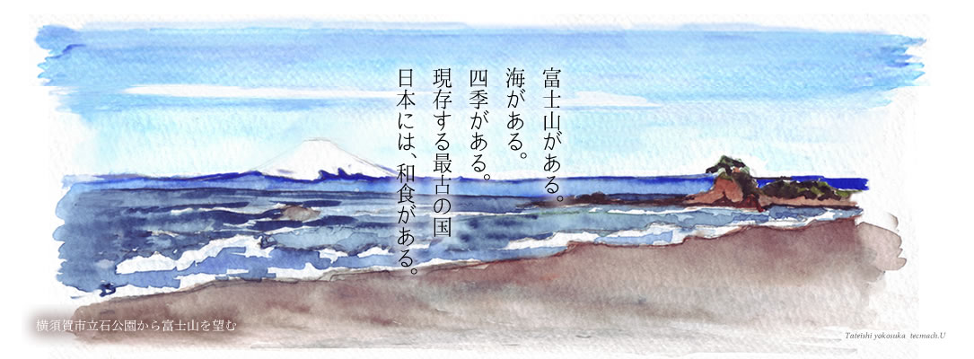 富士山がある。海がある。四季がある。現存する最古の国日本には、和食がある。　横須賀市立石公園から富士山を望む　イラスト